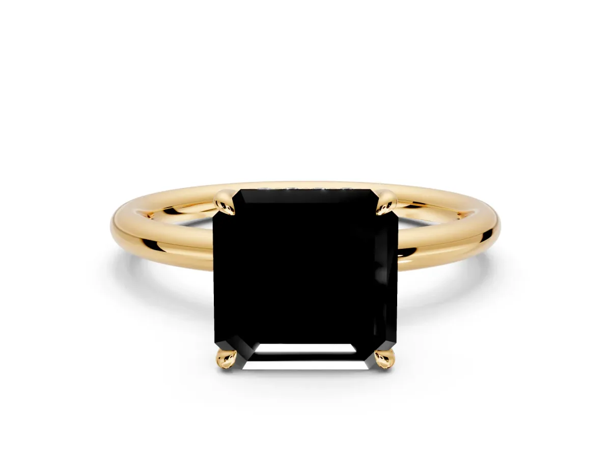 Hidden Halo Engagement Ring Setting for Fancy Black Asscher Cut Center with Thin Rounded Band and Prong Head in Yellow Gold