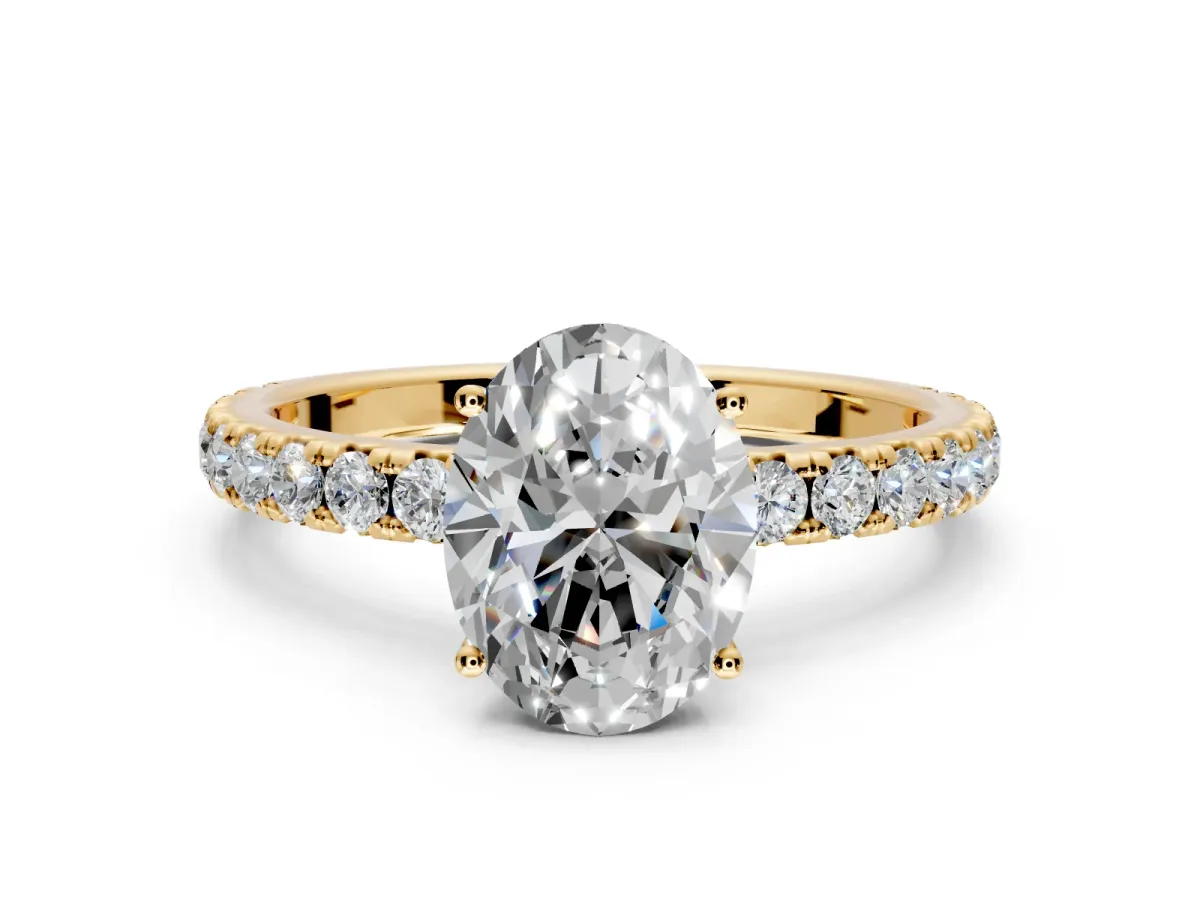 Solitaire Engagement Ring Setting for Oval Center with Large Accent Band and Prong Head in Yellow Gold