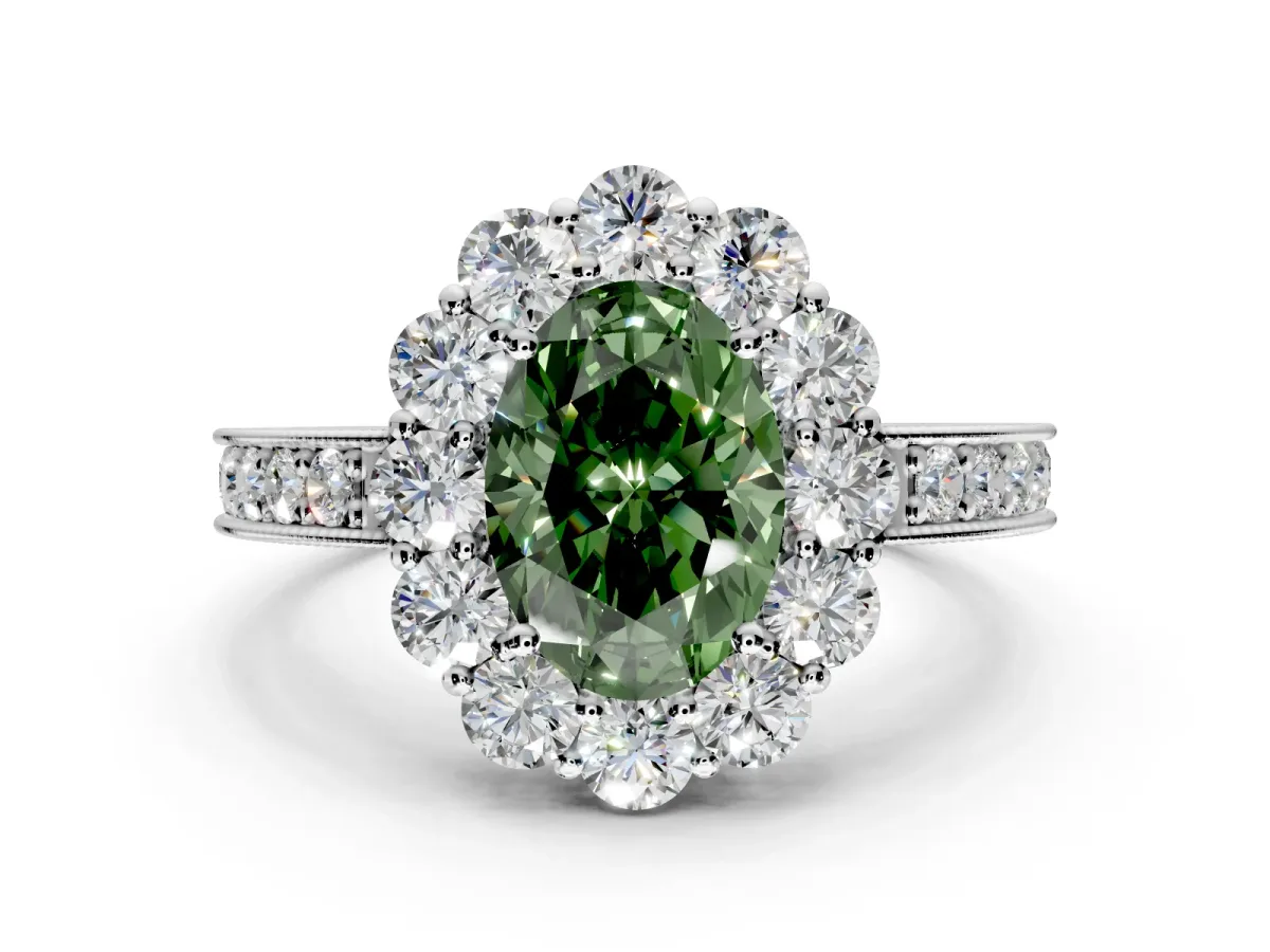 Halo Engagement Ring Setting for Fancy Green Oval Center with Milgrain Channel Band and Prong Head in White Gold