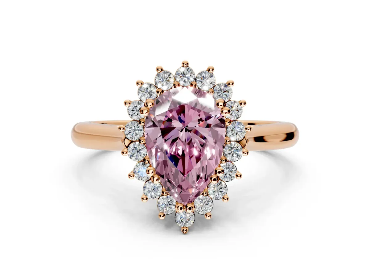 Starburst Halo Engagement Ring Setting for Fancy Pink Pear-Shaped Center with Thin Round-Wire Band and Prong Head in Rose Gold