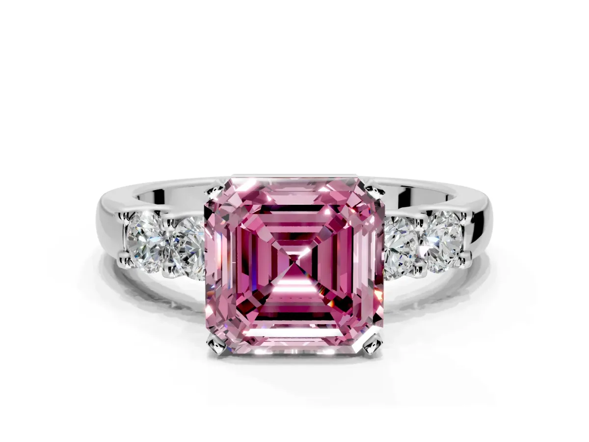 5 Stone Engagement Ring Setting for Fancy Pink Asscher Cut Center with Plain Band and Prong Head in Platinum