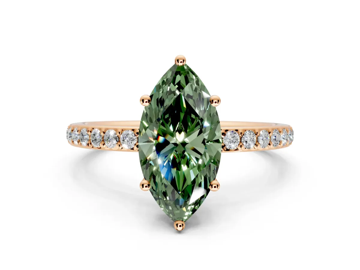Solitaire Engagement Ring Setting for Fancy Green Marquise Center with Fine Pave Band and Prong Head in Rose Gold