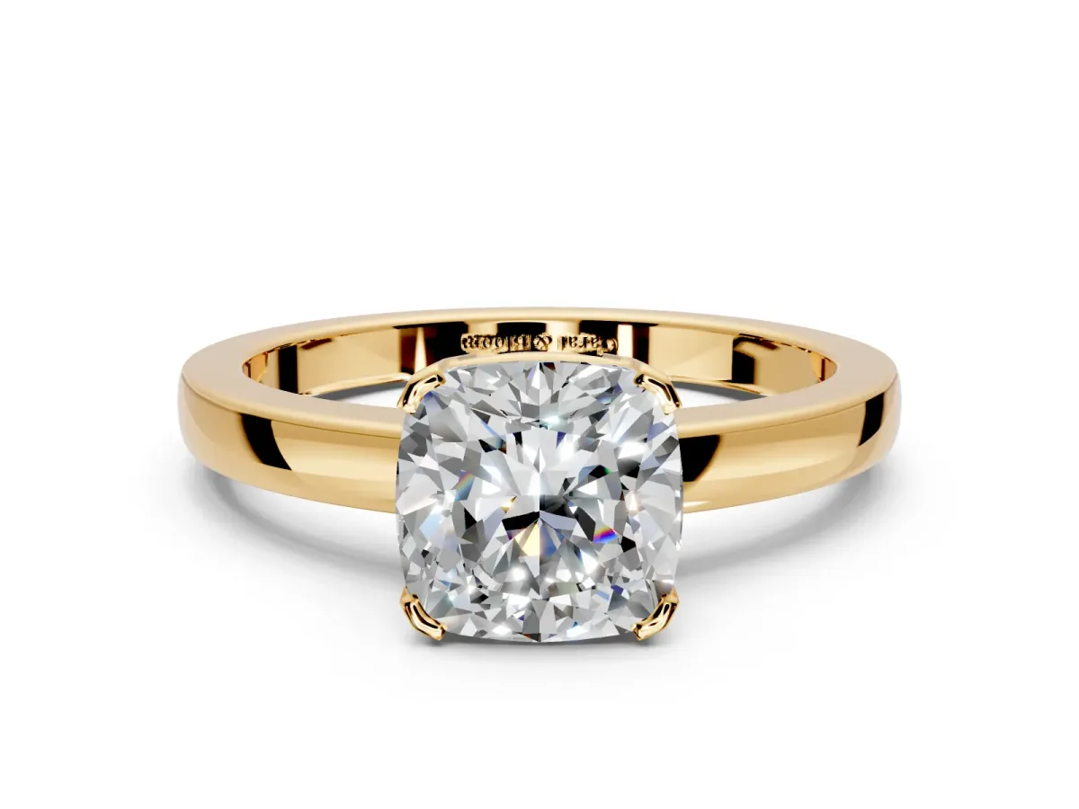 Solitaire Engagement Ring Setting for Cushion Cut Center with Plain Band and Flat Tab Prong Head in Yellow Gold