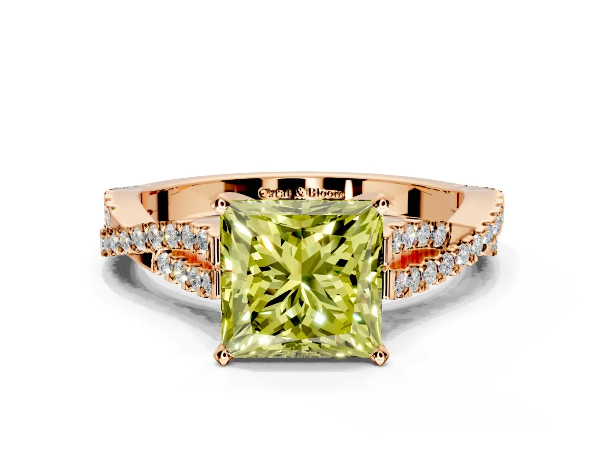 Solitaire Engagement Ring Setting for Fancy Yellow Princess Cut Center with Twisted Pave Split Shank and Prong Head in Rose Gold