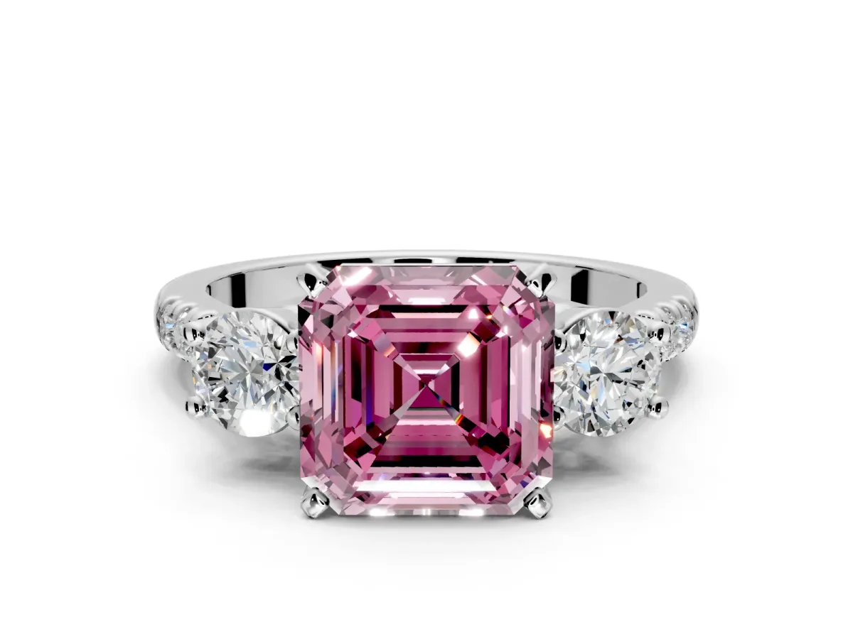 3 Stone Engagement Ring Setting for Fancy Pink Asscher Cut Center with Crossover Basket, Pave Band and Prong Head in Sterling Silver