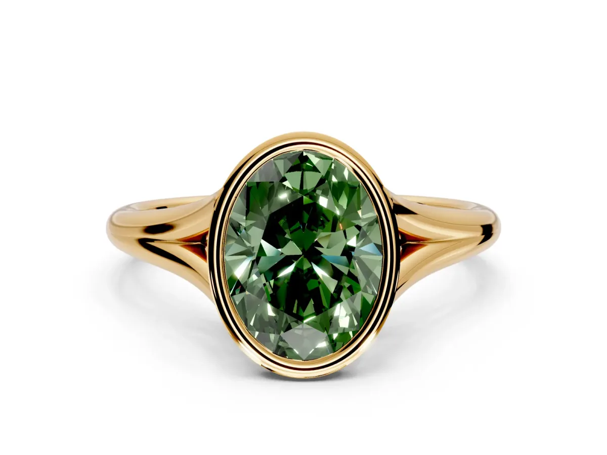Solitaire Engagement Ring Setting for Fancy Green Oval Center with V Split Shank and Bezel Head in Yellow Gold