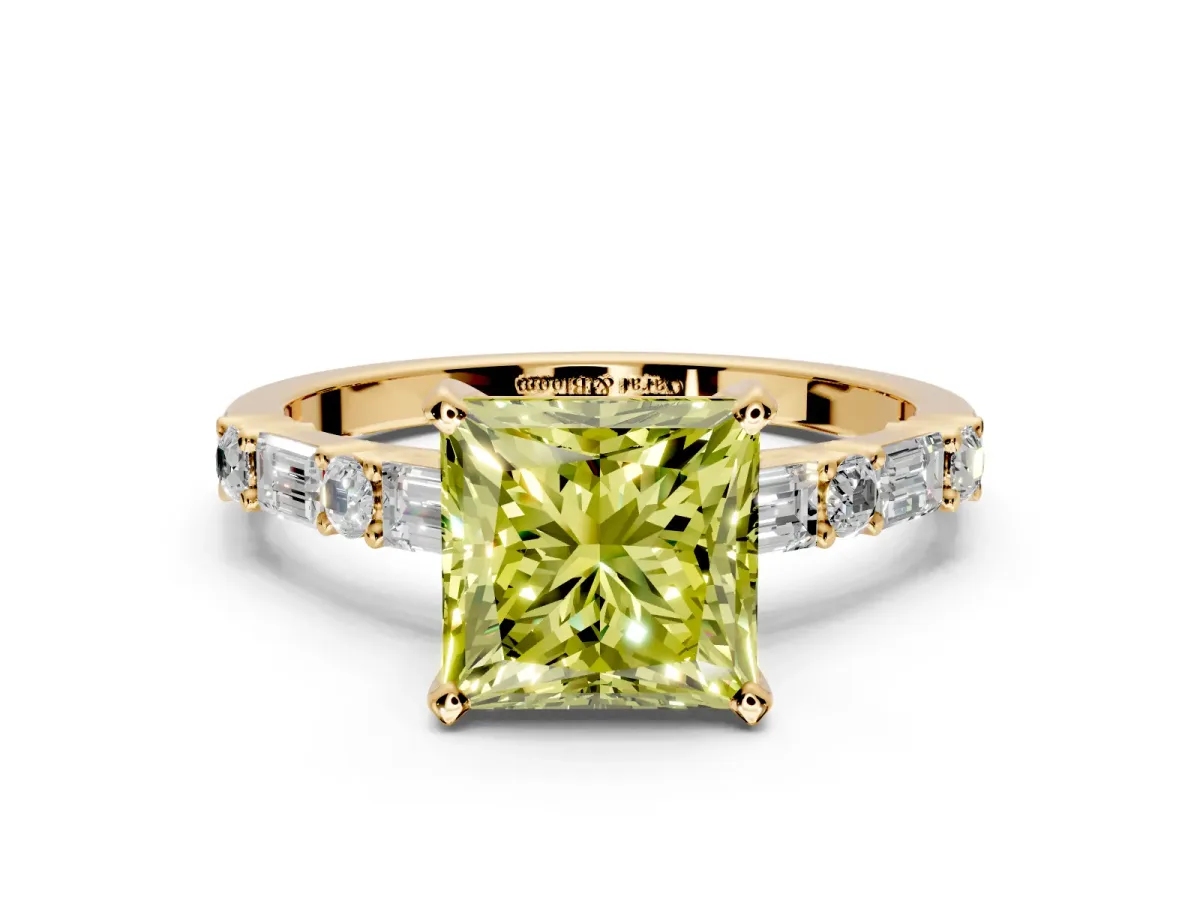 Baguette Engagement Ring Setting for Fancy Yellow Princess Cut Center with Alternating Bar-Set Band and Prong Head in Yellow Gold