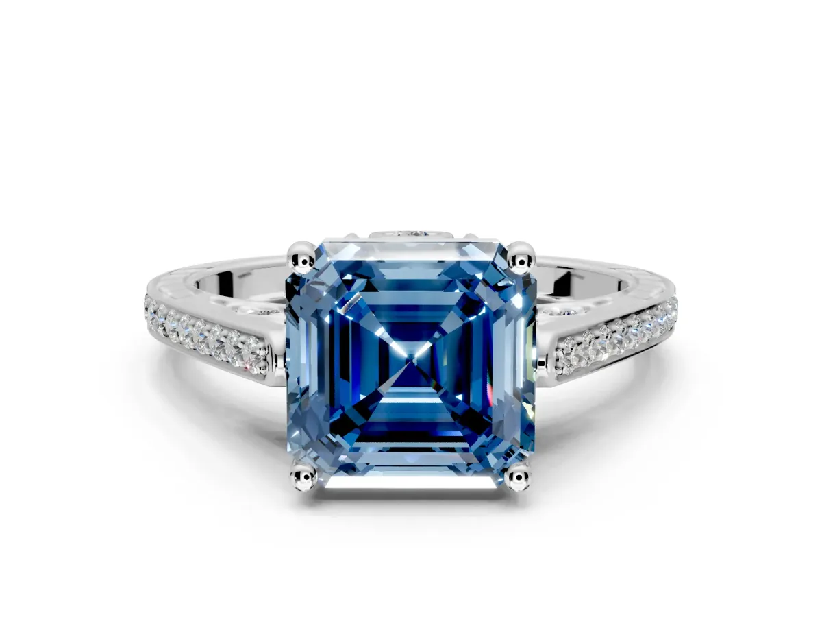 Cathedral Engagement Ring Setting for Fancy Blue Asscher Cut Center with Antique-Style Pave Band and Prong Head in Sterling Silver