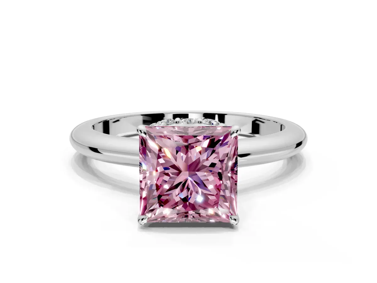 Hidden Halo Engagement Ring Setting for Fancy Pink Princess Cut Center with Plain Rounded Band and Prong Head in White Gold