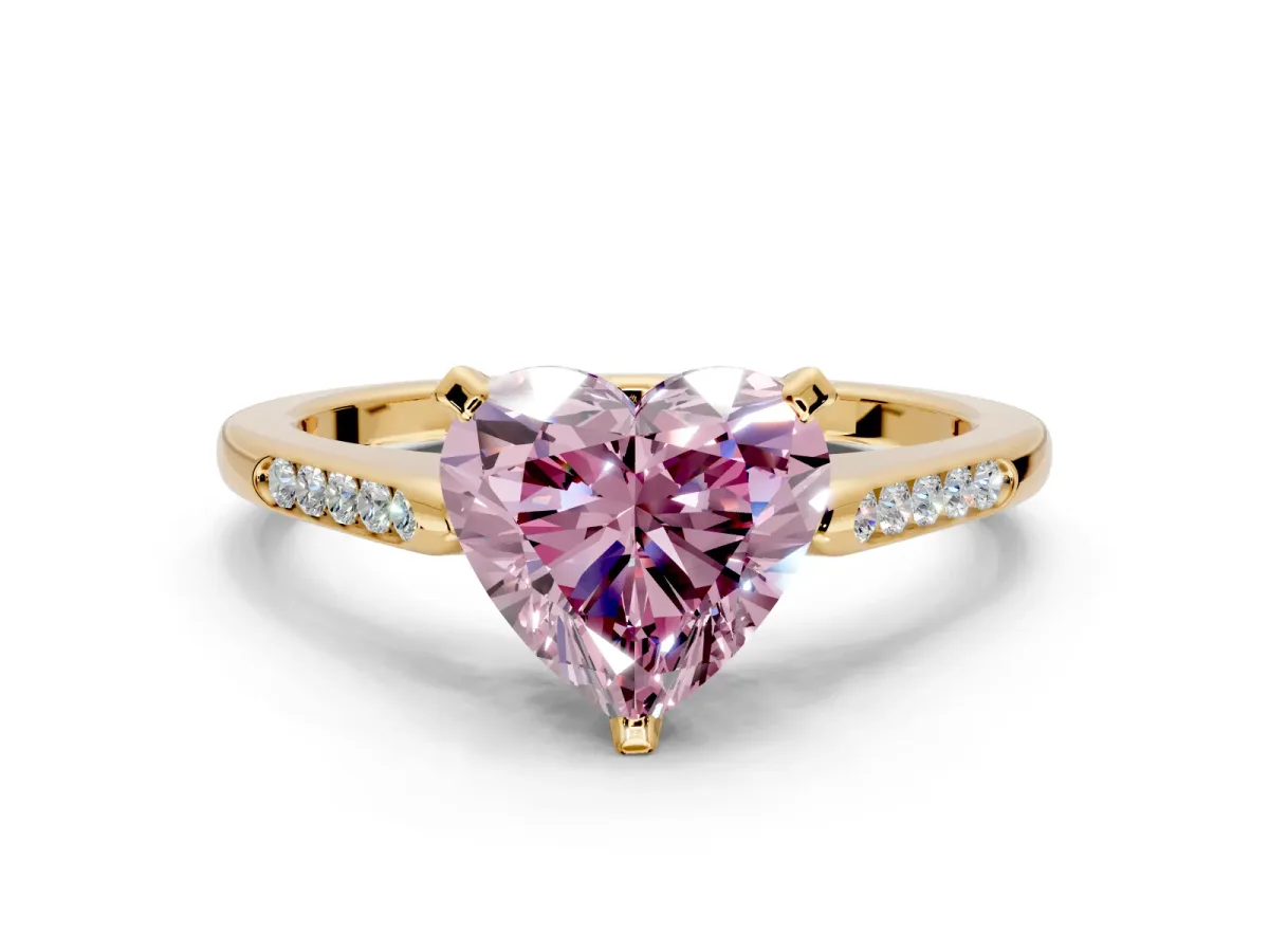 Solitaire Engagement Ring Setting for Fancy Pink Heart-Shaped Center with Channel Accents and Prong Head in Yellow Gold