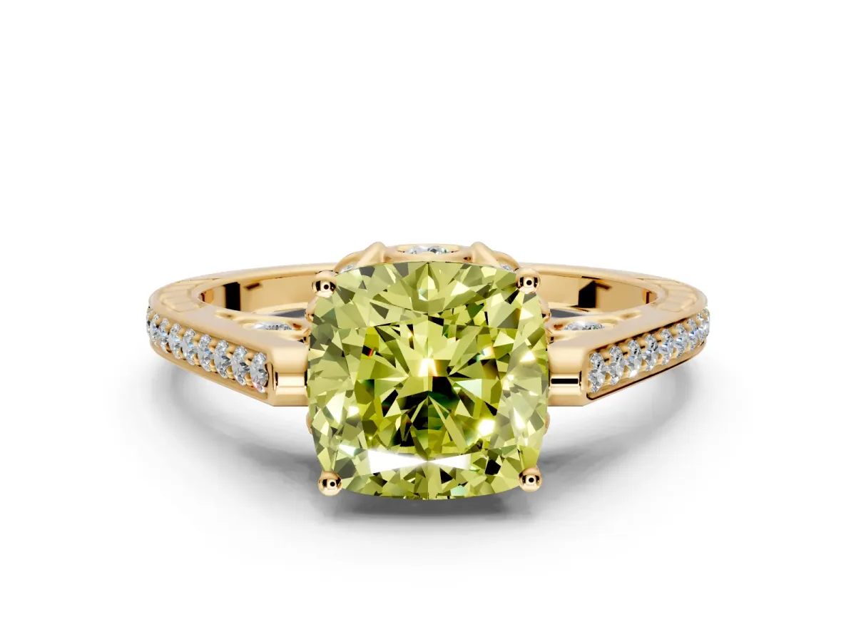 Cathedral Engagement Ring Setting for Fancy Yellow Cushion Cut Center with Antique-Style Pave Band and Prong Head in Yellow Gold