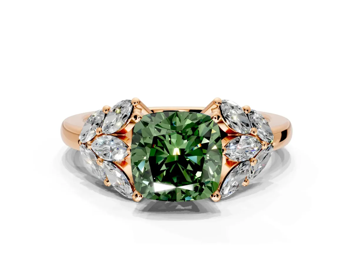Leaf Cluster Engagement Ring Setting for Fancy Green Cushion Cut Center with Marquise Accents and Prong Head in Rose Gold