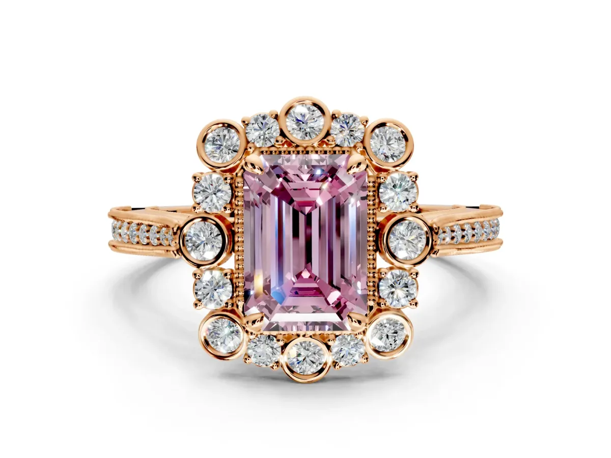 Milgrain Halo Engagement Ring Setting for Fancy Pink Emerald Cut Center with Bezel Point Accents and Prong Head in Rose Gold