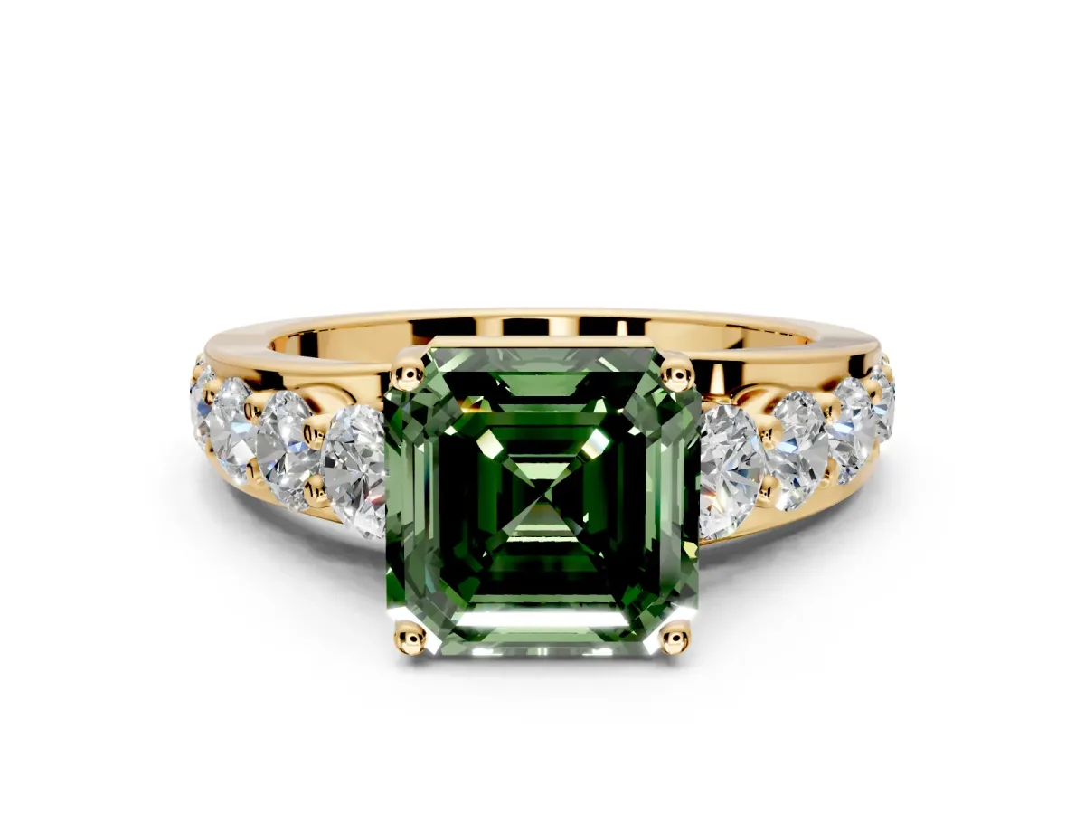 Solitaire Engagement Ring Setting for Fancy Green Asscher Cut Center with Graduated Shared Prongs and Prong Head in Yellow Gold