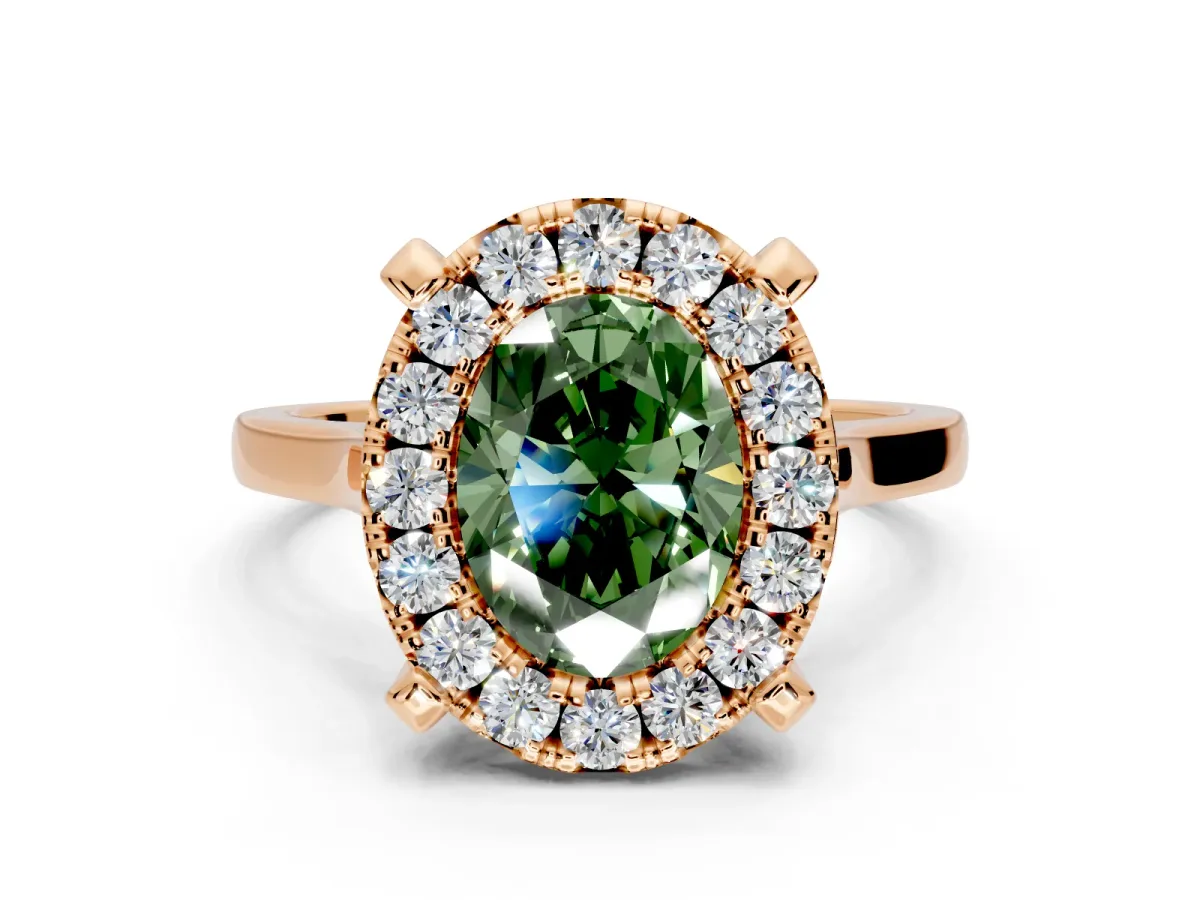 Single Halo Engagement Ring Setting for Fancy Green Oval Center with Corner Claws, Plain Band and Prong Head in Rose Gold