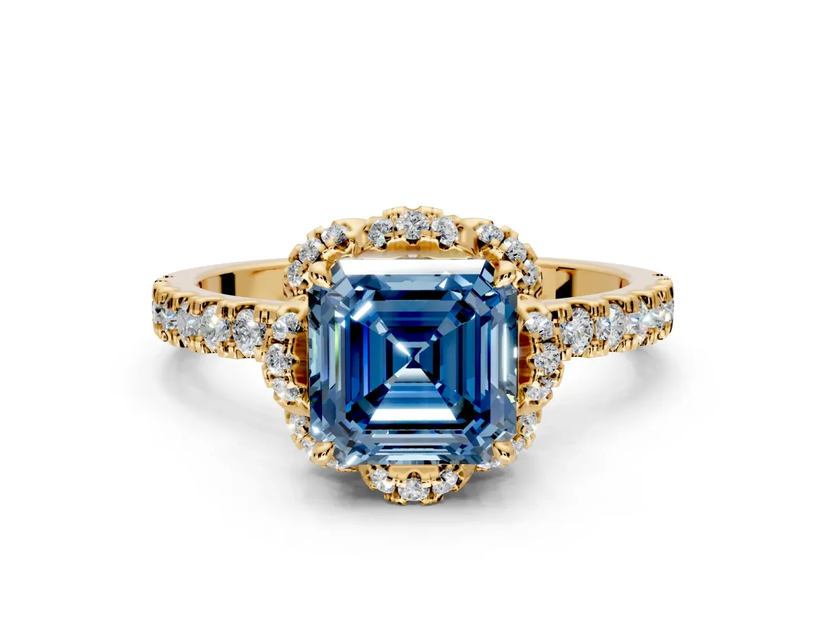 Halo Engagement Ring Setting for Fancy Blue Asscher Cut Center with Openwork Halo, Pave Band and Prong Head in Yellow Gold
