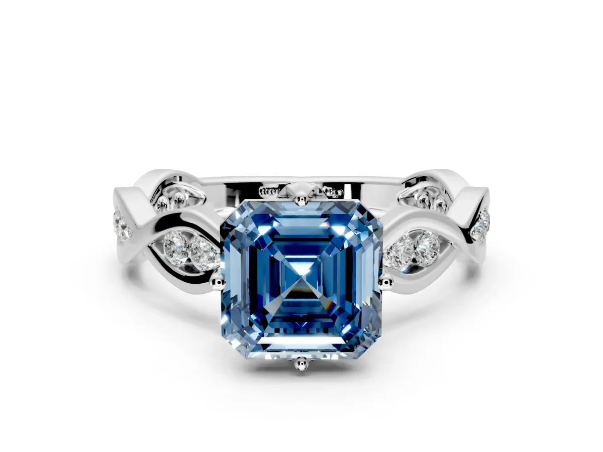 Solitaire Engagement Ring Setting for Fancy Blue Asscher Cut Center with Accented Twist Band and Leaf Prong Head in Platinum