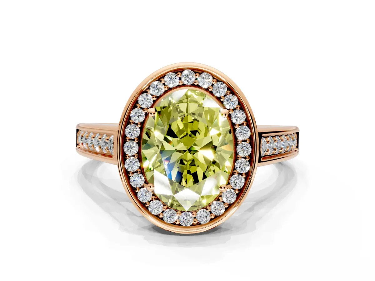 Halo Engagement Ring Setting for Fancy Yellow Oval Center with Outer Bezel Rim, Pave Band and Prong Head in Rose Gold