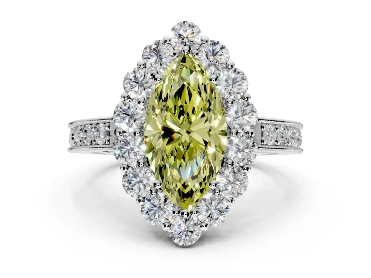 Halo Engagement Ring Setting for Fancy Yellow Marquise Center with Milgrain Channel Band and Prong Head in Sterling Silver
