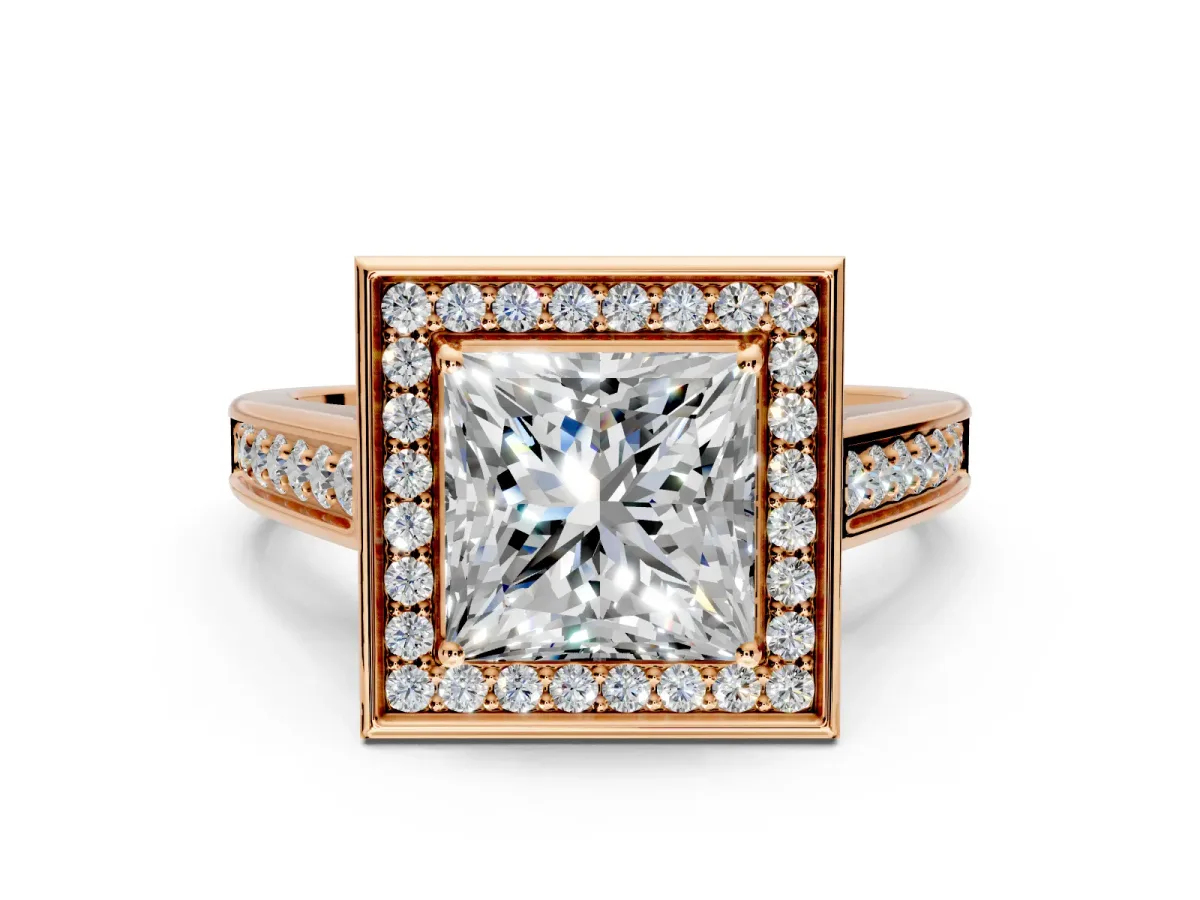 Halo Engagement Ring Setting for Princess Cut Center with Outer Bezel Rim, Pave Band and Prong Head in Rose Gold