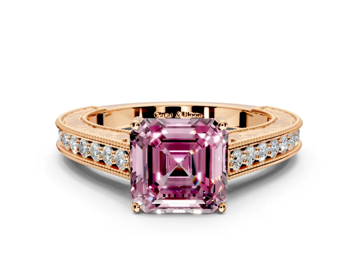 Solitaire Engagement Ring Setting for Fancy Pink Asscher Cut Center with Engraved Pave Band and Prong Head in Rose Gold