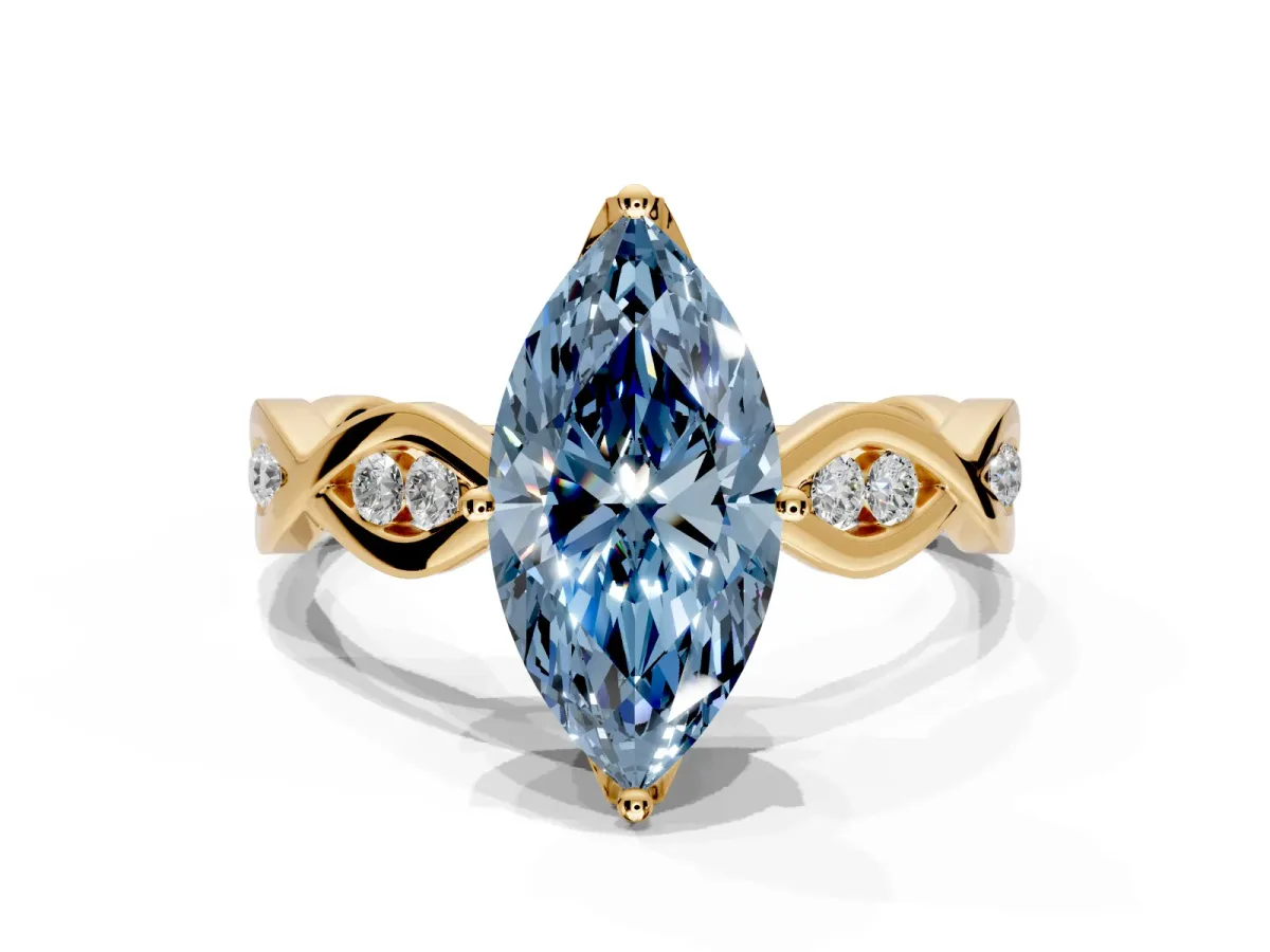Solitaire Engagement Ring Setting for Fancy Blue Marquise Center with Accented Twist Band and Leaf Prong Head in Yellow Gold