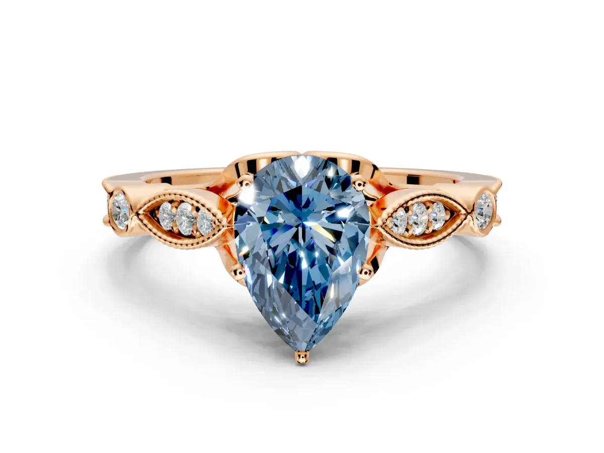 Solitaire Engagement Ring Setting for Fancy Blue Pear-Shaped Center with Marquise and Bezel Accents and Prong Head in Rose Gold