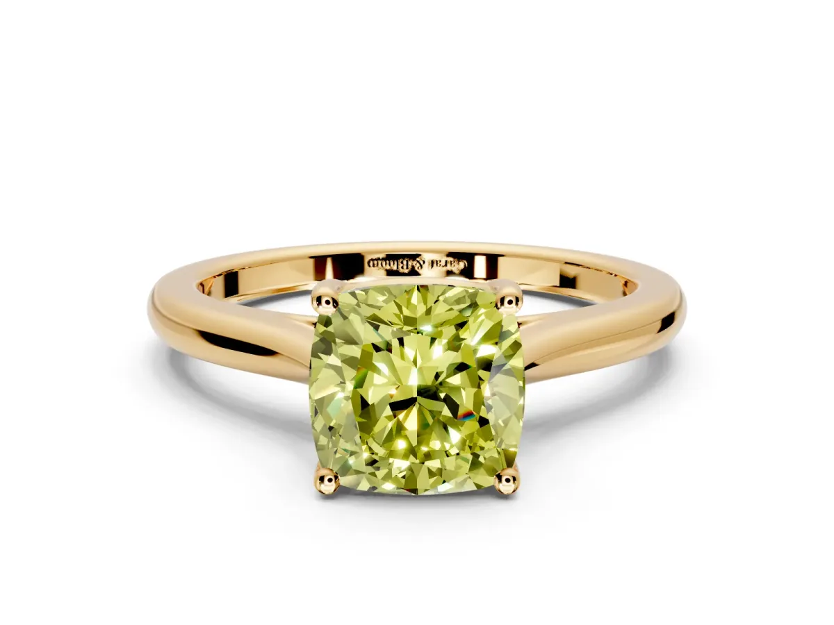 Solitaire Engagement Ring Setting for Fancy Yellow Cushion Cut Center with Narrow Cathedral Band and Prong Head in Yellow Gold
