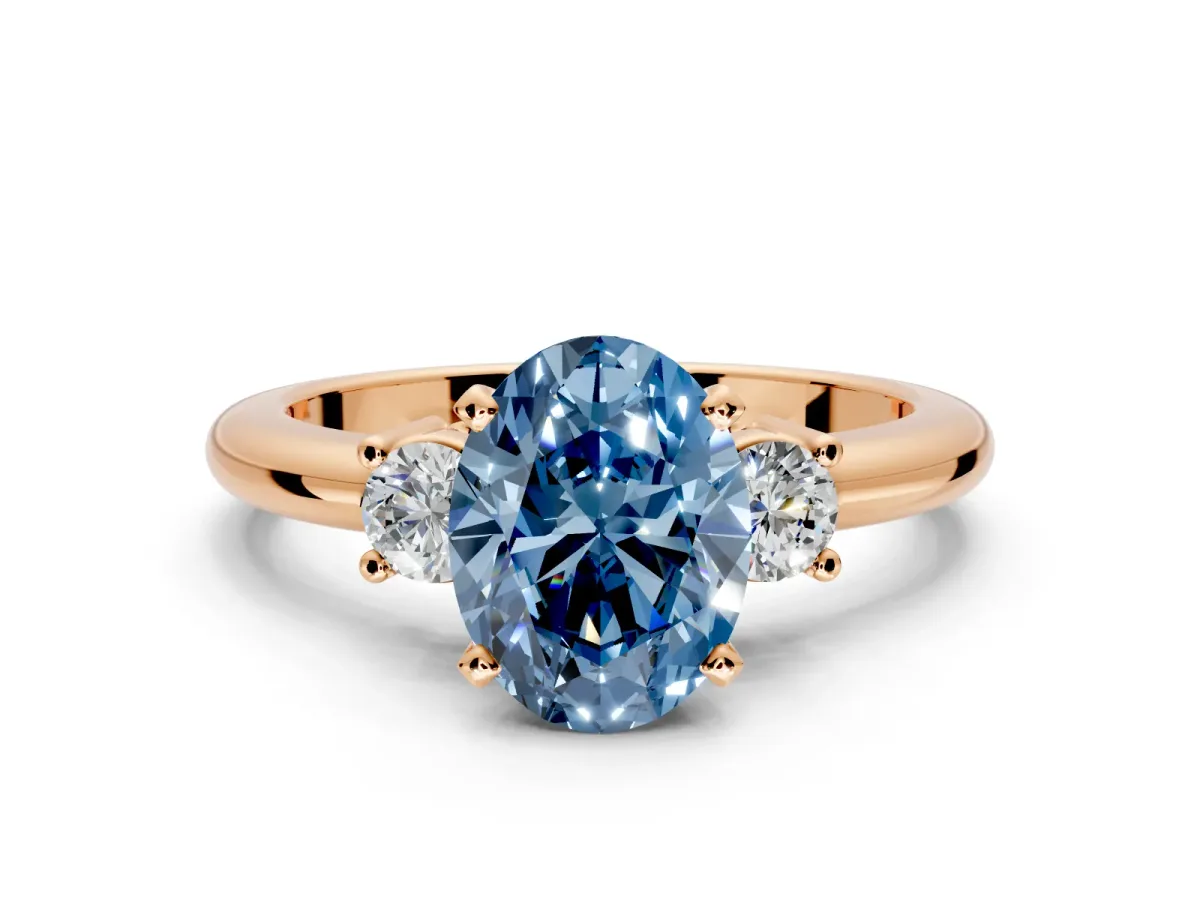 3 Stone Engagement Ring Setting for Fancy Blue Oval Center with Wide Plain Band and Prong Head in Rose Gold