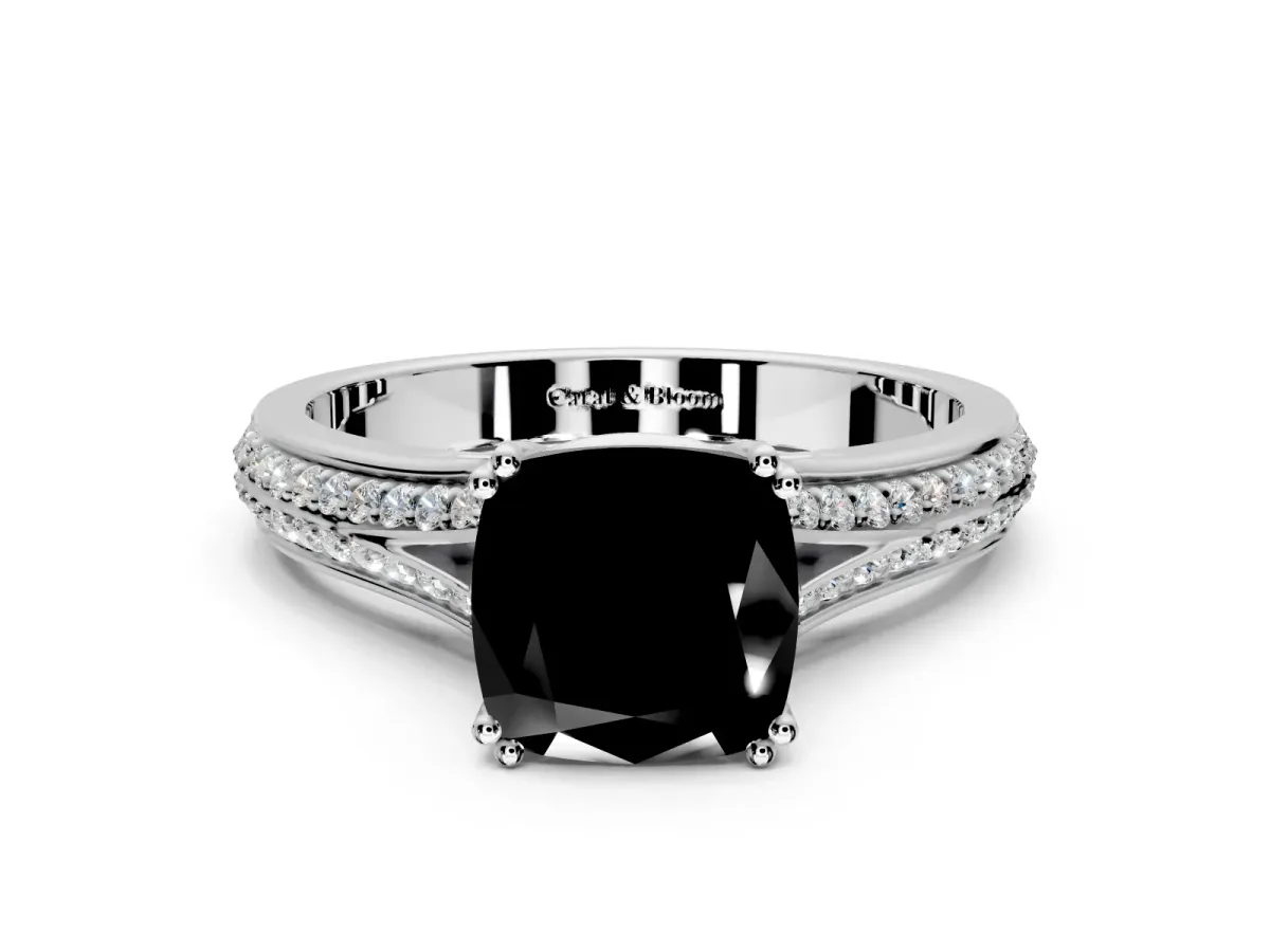 Solitaire Engagement Ring Setting for Fancy Black Cushion Cut Center with Pave Rail Split Shank and Prong Head in Platinum