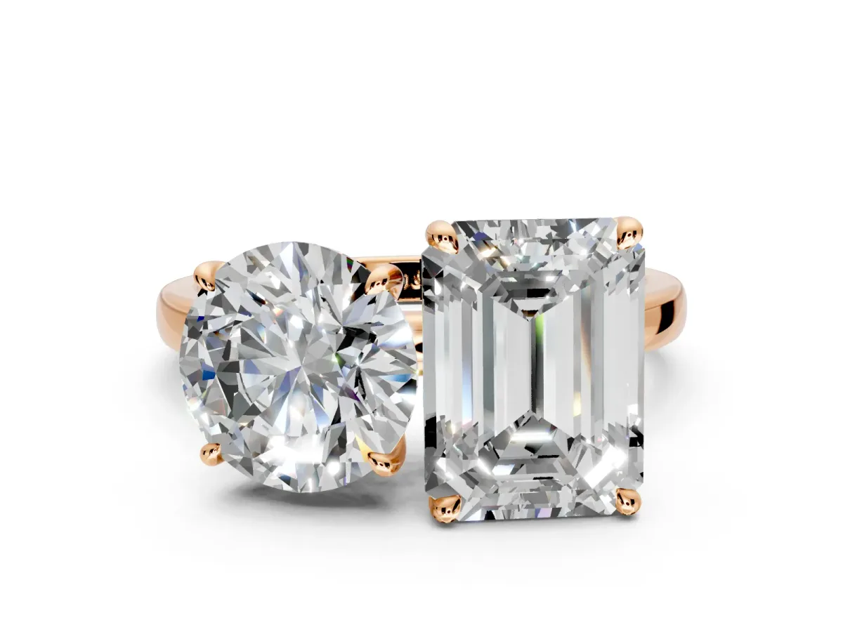 Round Cut and Emerald Cut Lab-Grown Diamond Toi et Moi Engagement Ring with Prong-Set Stones in Rose Gold