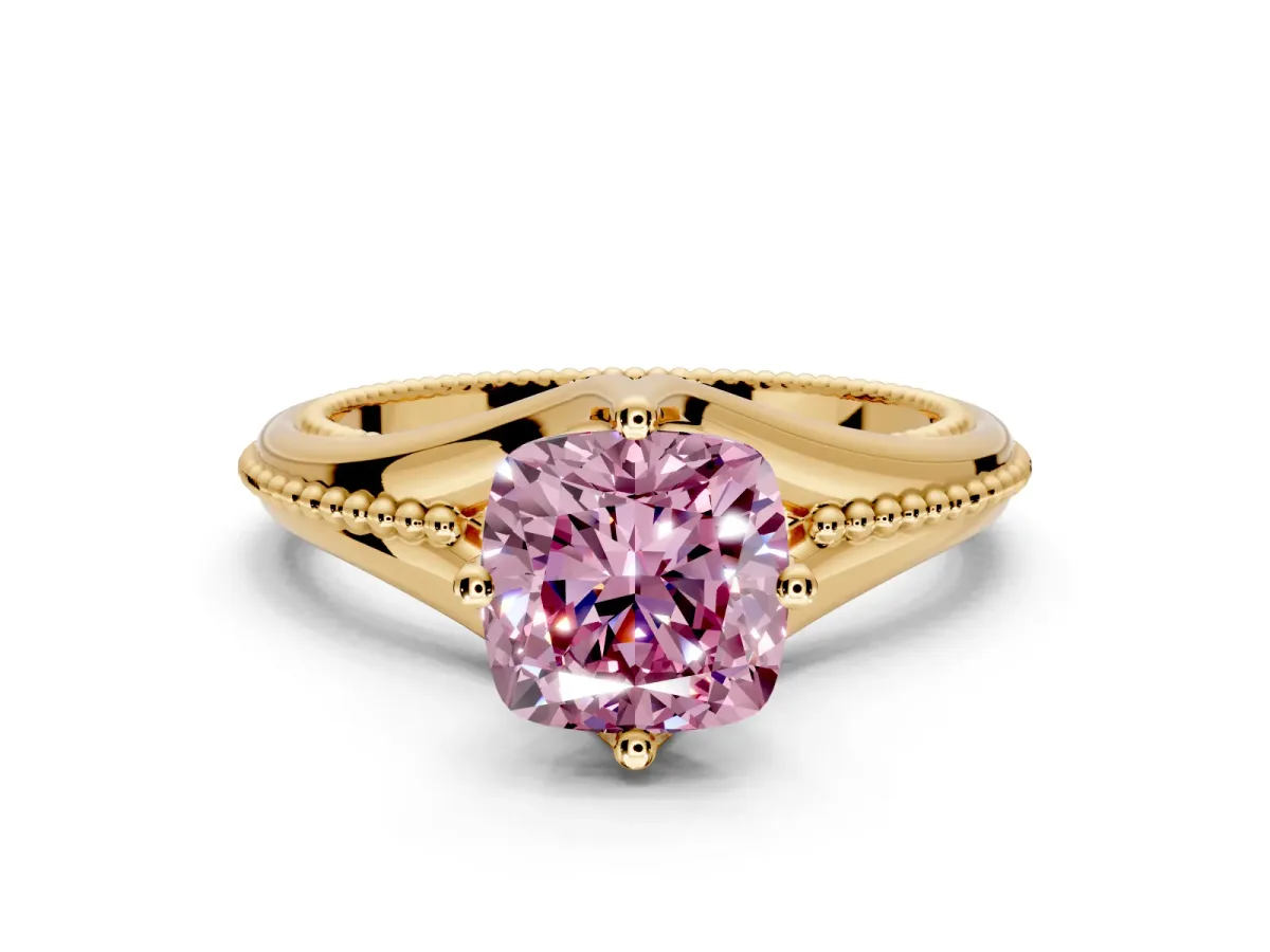 Solitaire Engagement Ring Setting for Fancy Pink Cushion Cut Center with Milgrain Cathedral Band and Prong Head in Yellow Gold