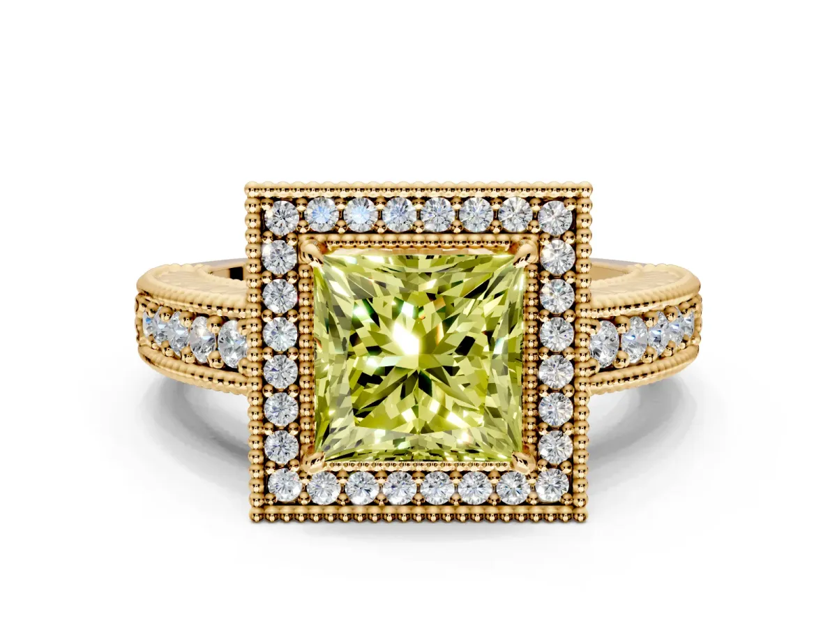 Milgrain Halo Engagement Ring Setting for Fancy Yellow Princess Cut Center with Pave Band and Prong Head in Yellow Gold