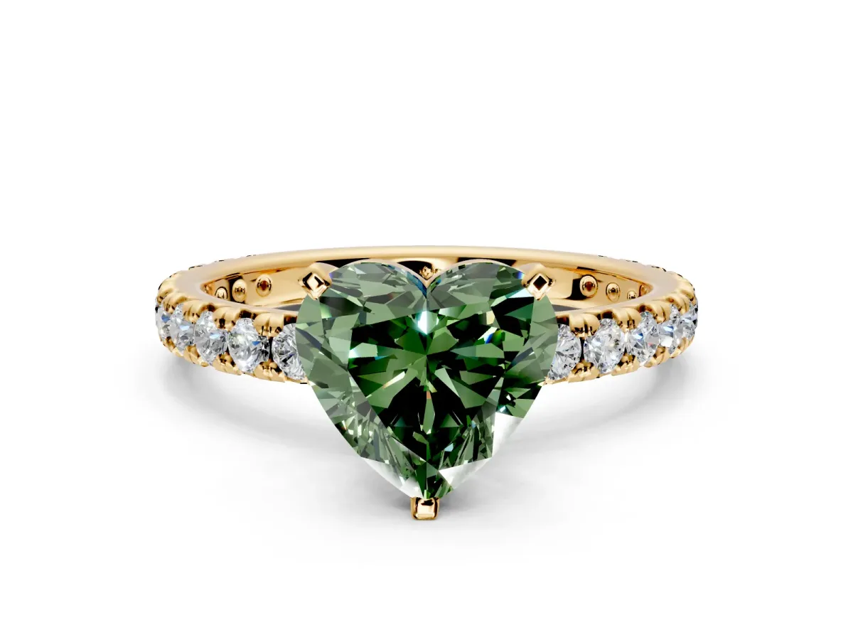 Solitaire Engagement Ring Setting for Fancy Green Heart-Shaped Center with Shared-Prong Accents and Prong Head in Yellow Gold