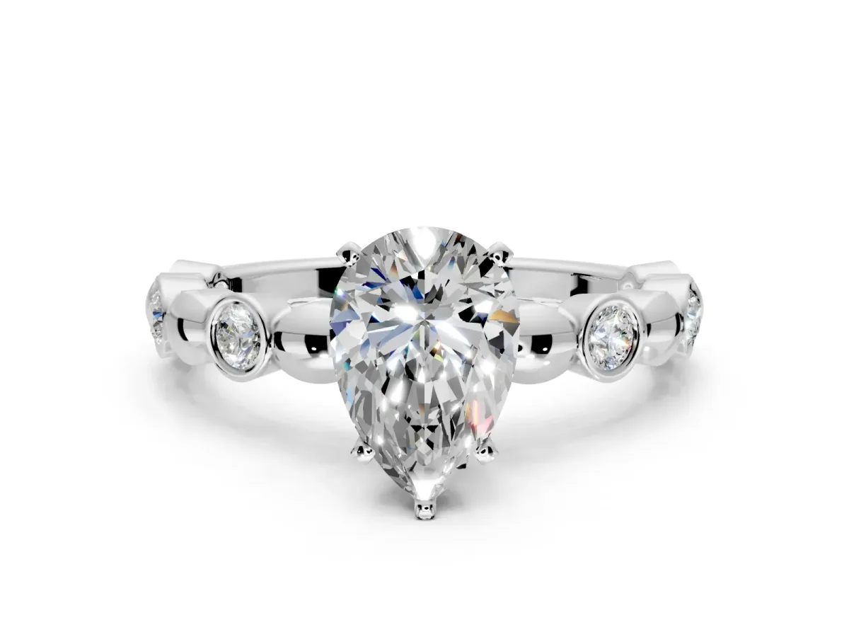 Solitaire Engagement Ring Setting for Pear-Shaped Center with Beaded Bezel Station Band and Prong Head in White Gold