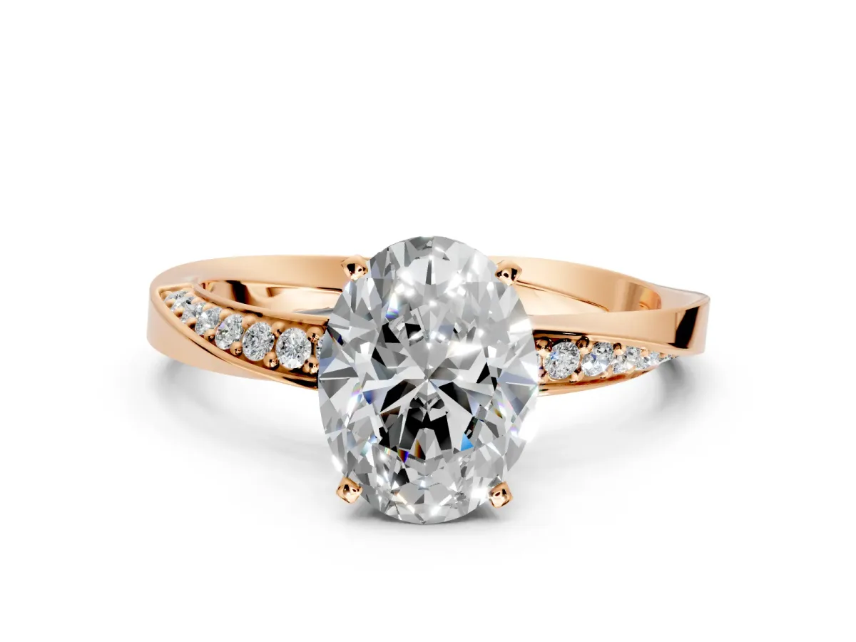 Side Accent Engagement Ring Setting for Oval Center with Accent Shoulders and Prong Head in Rose Gold
