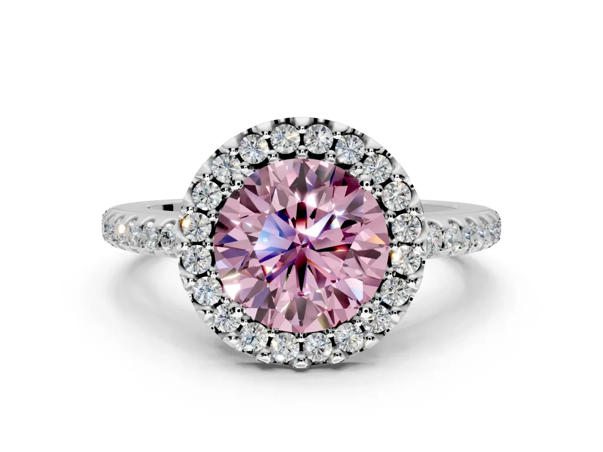 Pave Halo Engagement Ring Setting for Fancy Pink Round Cut Center with Single Row Pave Band and Prong Head in Platinum