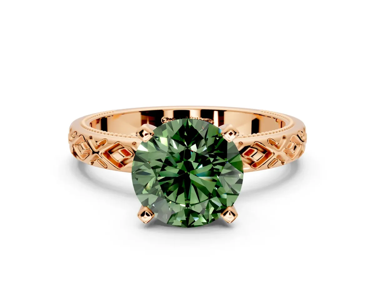 Solitaire Engagement Ring Setting for Fancy Green Round Cut Center with Milgrain X Pattern Band and Prong Head in Rose Gold
