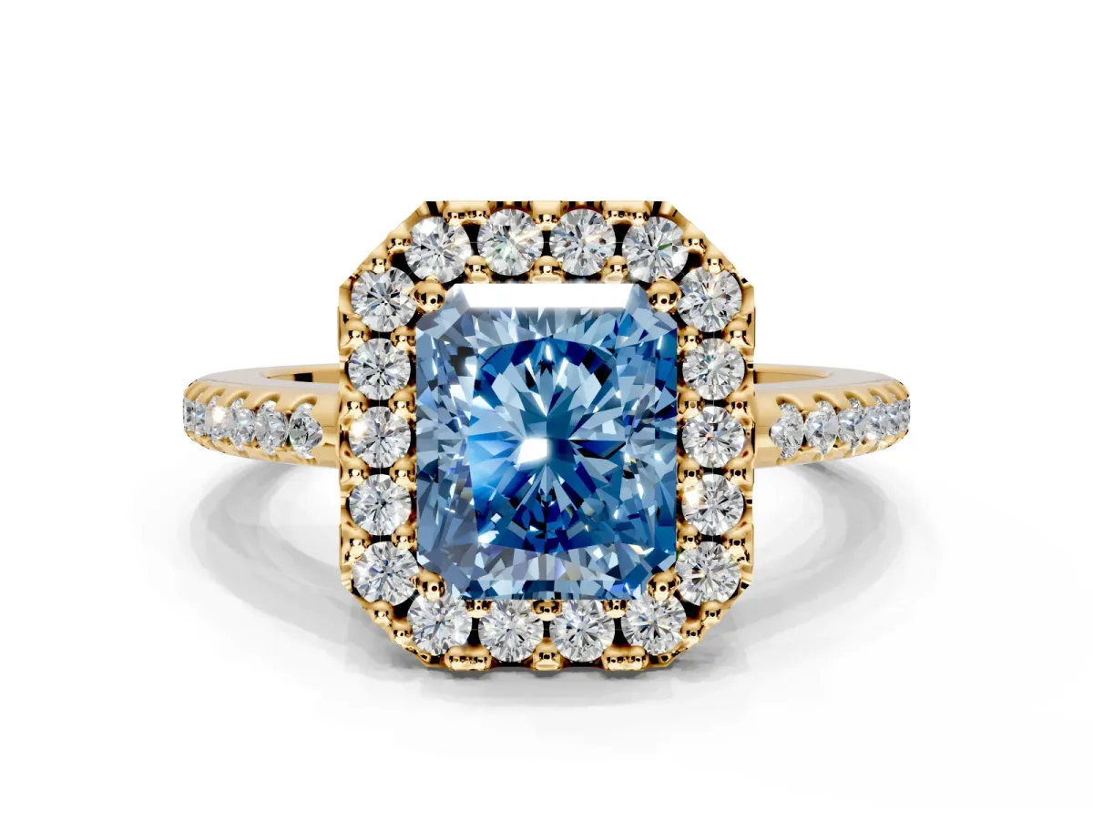 Pave Halo Engagement Ring Setting for Fancy Blue Radiant Cut Center with Single Row Pave Band and Prong Head in Yellow Gold