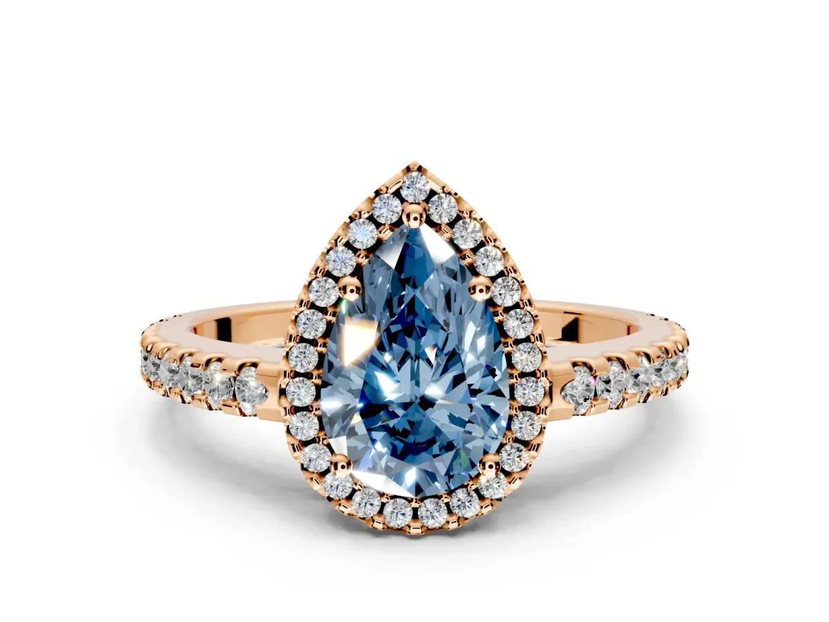 Accent Halo Engagement Ring Setting for Fancy Blue Pear-Shaped Center with Full-Length Pave Band and Prong Head in Rose Gold