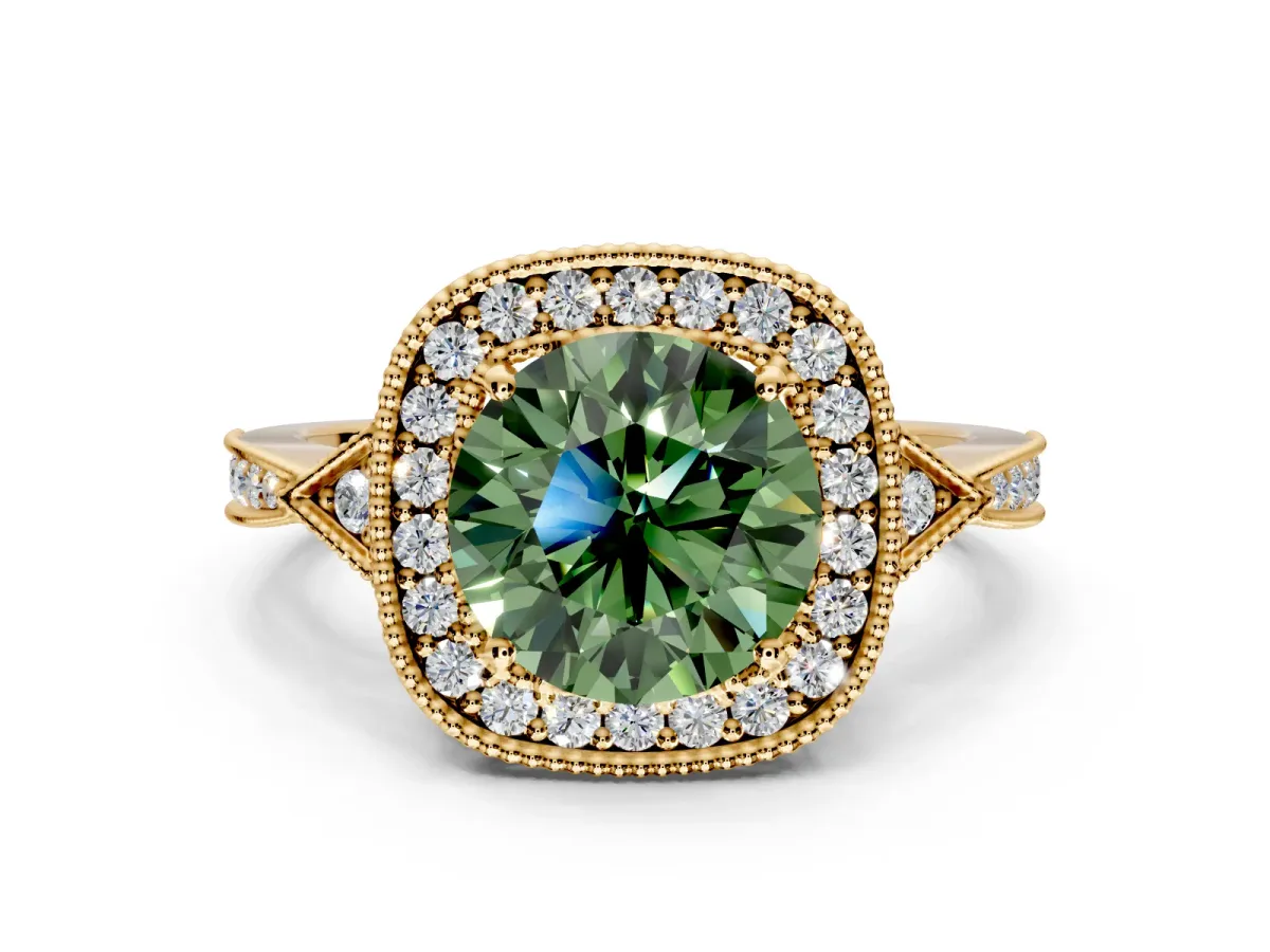 Halo Engagement Ring Setting for Fancy Green Round Cut Center with Milgrain Rim, Pave Band and Prong Head in Yellow Gold