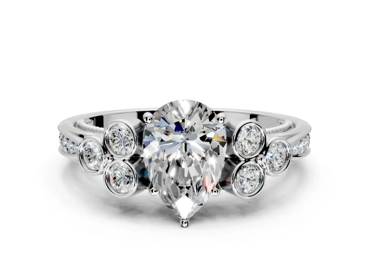Cluster Engagement Ring Setting for Pear-Shaped Center with Bezel Accent Clusters and Prong Head in White Gold