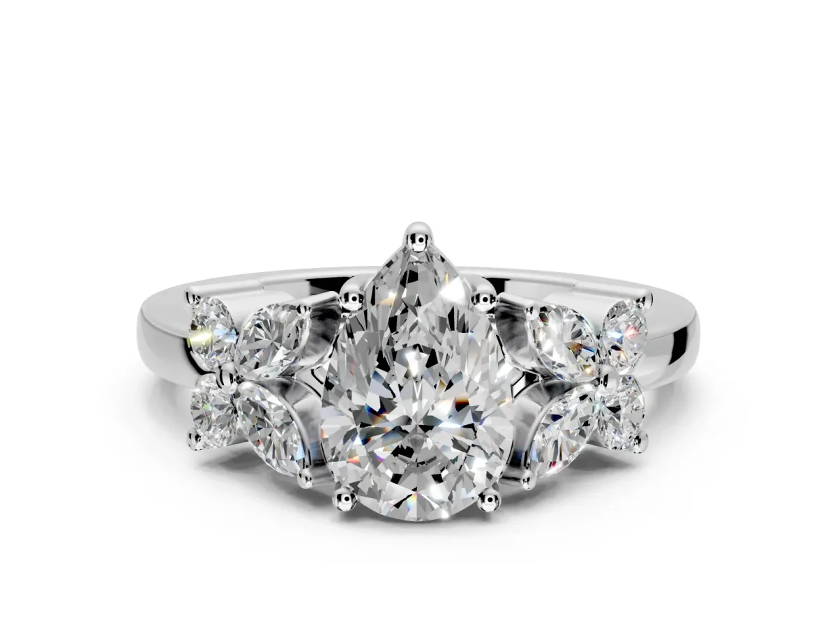 Floral Engagement Ring Setting for Pear-Shaped Center with Marquise Cluster Shoulders and Prong Head in Sterling Silver