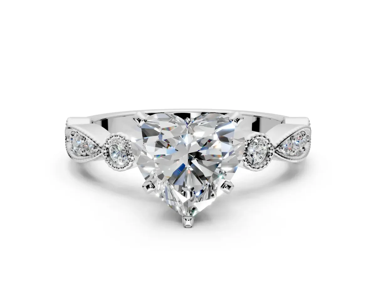 Solitaire Engagement Ring Setting for Heart-Shaped Center with Milgrain Bezel Accents and Prong Head in Platinum