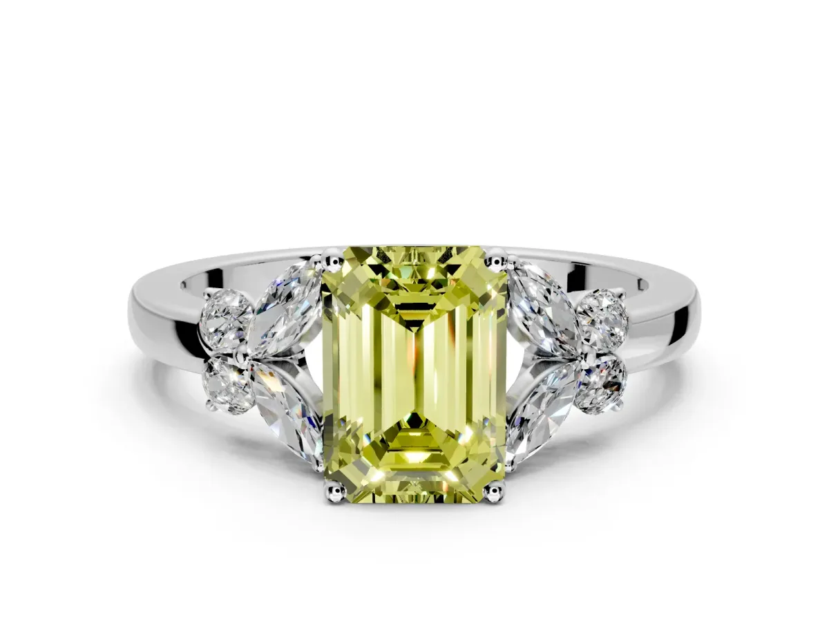 Solitaire Engagement Ring Setting for Fancy Yellow Emerald Cut Center with Marquise Flower Shoulders and Prong Head in Platinum