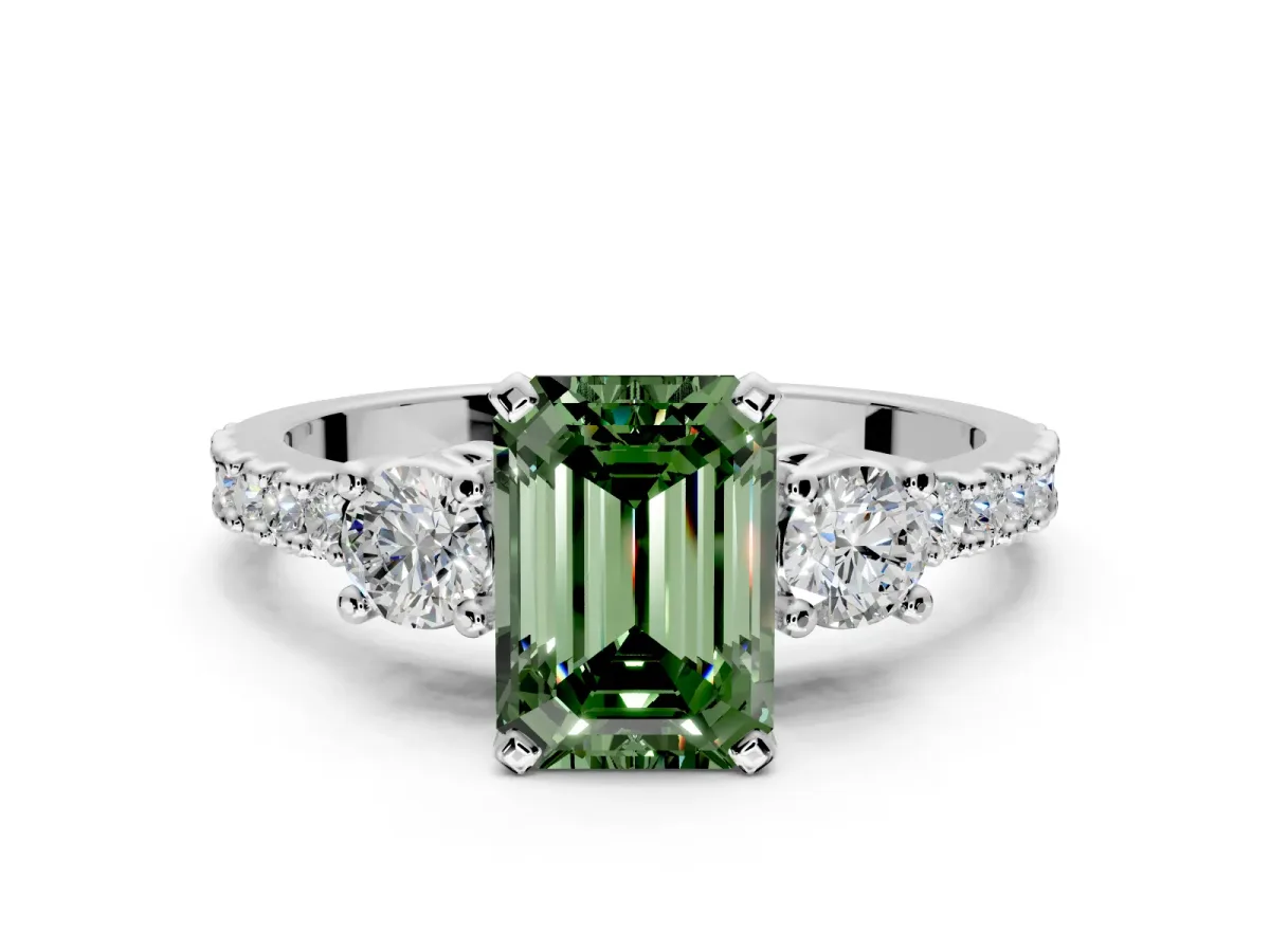 3 Stone Engagement Ring Setting for Fancy Green Emerald Cut Center with Round Cut Side Accents and Prong Head in Platinum