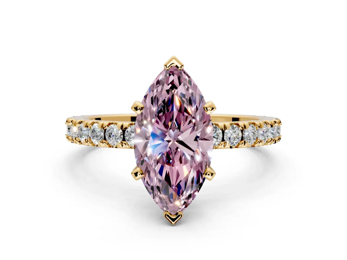 Solitaire Engagement Ring Setting for Fancy Pink Marquise Center with Fine Pave Band and Claw Prong Head in Yellow Gold