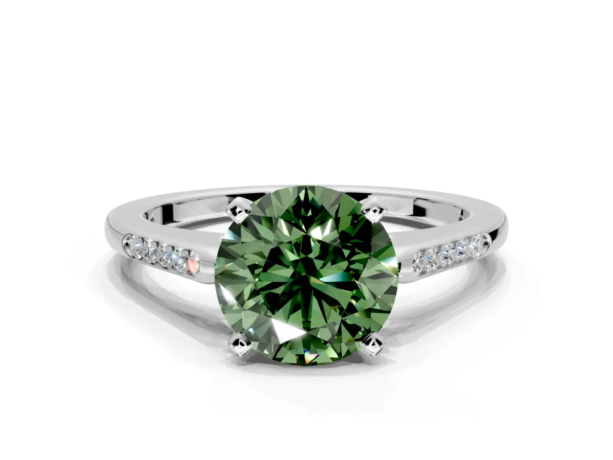 Solitaire Engagement Ring Setting for Fancy Green Round Cut Center with Channel Accents and Prong Head in Platinum