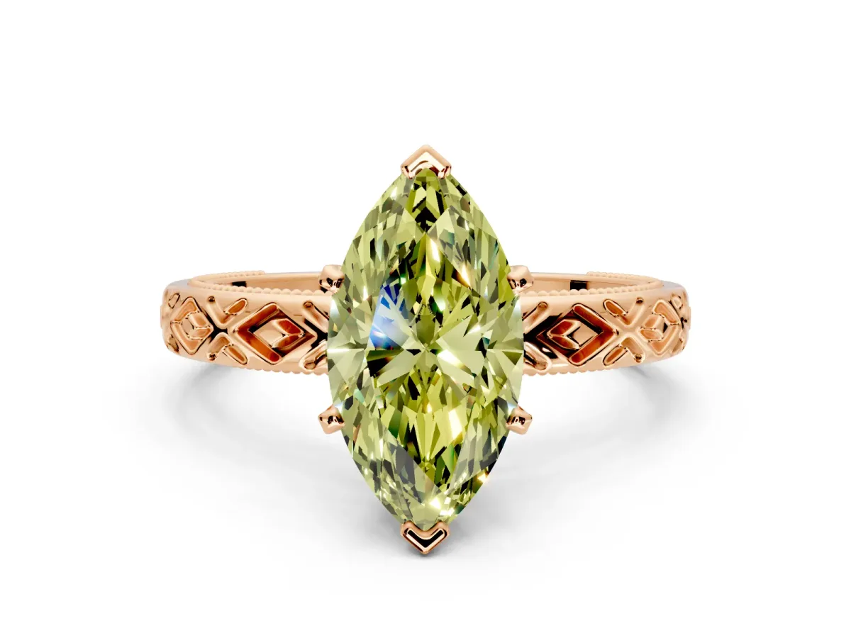 Solitaire Engagement Ring Setting for Fancy Yellow Marquise Center with Milgrain X Pattern Band and Prong Head in Rose Gold