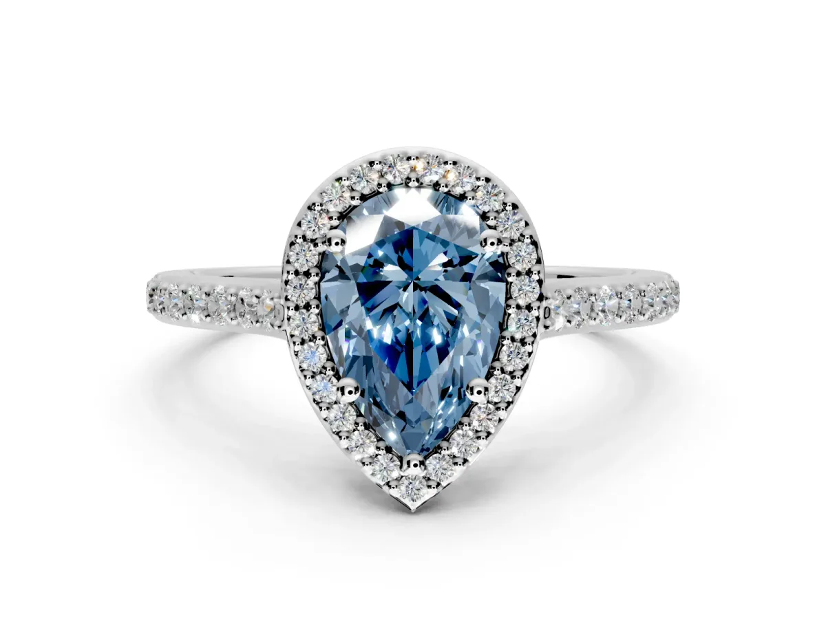 Halo Engagement Ring Setting for Fancy Blue Pear-Shaped Center with Pave Accents, Heart Basket and Prong Head in Platinum
